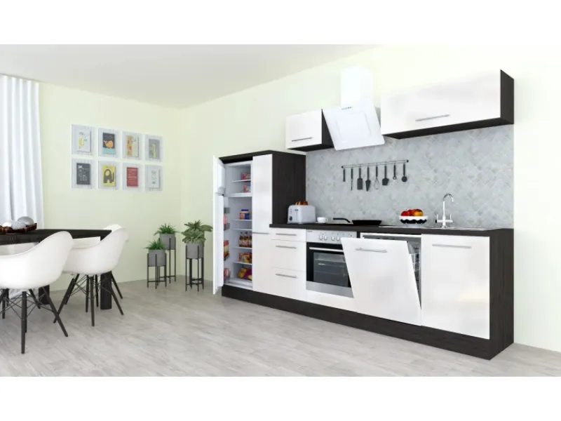 Respekta Premium Küchenzeile 310 cm Weiß Hochglanz-Eiche Grau< Kühlschränke|Winkelküchen