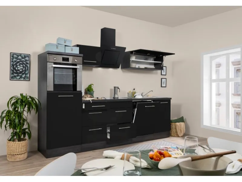 Respekta Premium Küchenzeile 280 cm Hochbau -Eiche Grau< Kochfelder|Kühlschränke