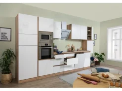 Respekta Premium Küchenzeile Grifflos 395 cm Weiß Hochglanz-Eiche Sägerau< Kochfelder|Kühlschränke