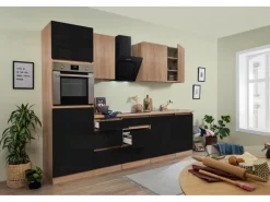 Best Respekta Premium Küchenzeile GLRP280HESSOES Grifflos 280 cm Schwarz Eiche NB
