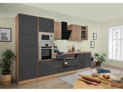 Respekta Einbauküchen|Kühlschränke<Premium Küchenzeile GLRP345HESGGKEOES Grifflos 345 cm Grau Eiche NB