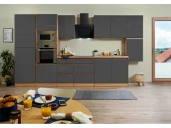 Respekta Premium Kochfelder|Kühlschränke<Küchenzeile Grifflos 385 cm -Eiche Sägerau