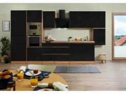 New Respekta Premium Küchenzeile Grifflos 385 cm -Eiche Sägerau Schwarz Hochglanz