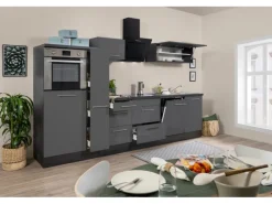 Best Respekta Premium Küchenzeile 310 cm Hochbau -Eiche Grau Grau Hochglanz