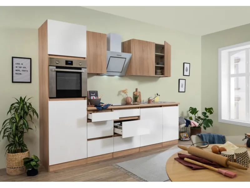 Clearance Respekta Premium Küchenzeile GLRP280HESWOES Grifflos 280 cm Weiß Eiche Säger. NB