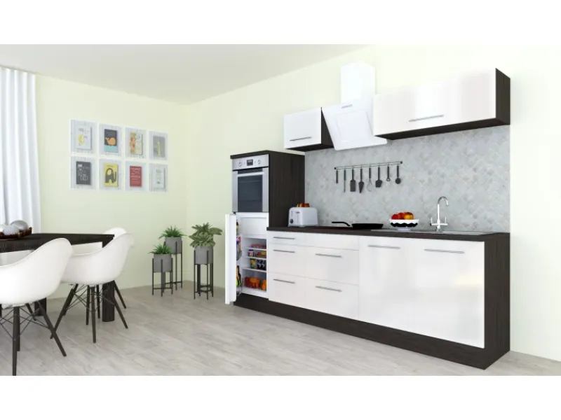 Respekta Premium Kochfelder|Kühlschränke<Küchenzeile 270 cm Hochbau Weiß Hochglanz-Eiche Grau