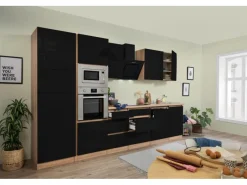 Outlet Respekta Premium Küchenzeile Grifflos 345 cm -Eiche Sägerau Schwarz Hochglanz