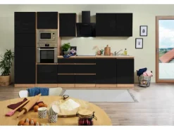 Outlet Respekta Premium Küchenzeile Grifflos 345 cm -Eiche Sägerau Schwarz Hochglanz