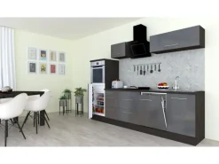 Outlet Respekta Premium Küchenzeile 280 cm Hochbau -Eiche Grau Grau Hochglanz