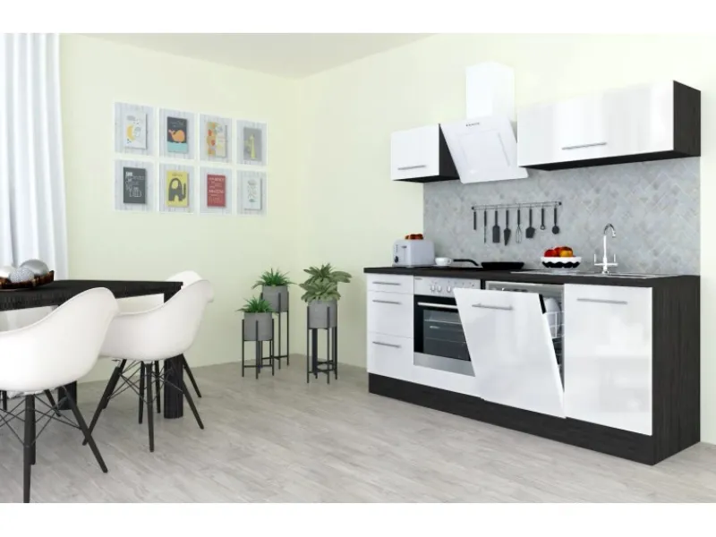 Outlet Respekta Premium Küchenzeile 220 cm Weiß Hochglanz-Eiche Grau Hochglanz Weiß