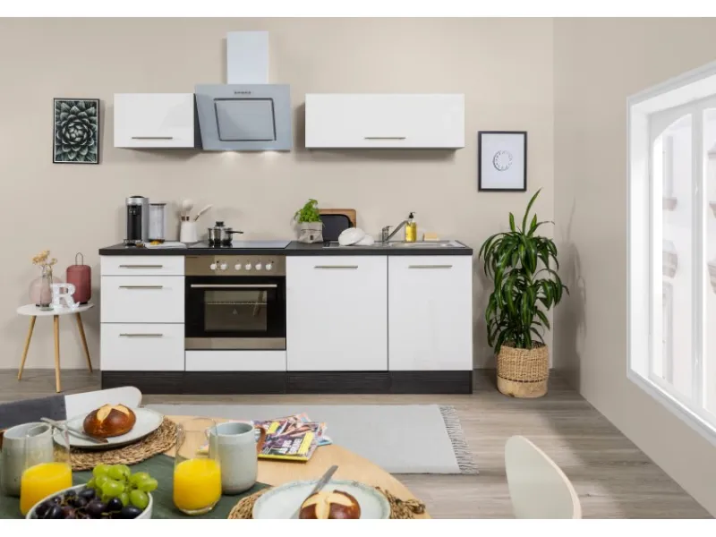 Outlet Respekta Premium Küchenzeile 220 cm Weiß Hochglanz-Eiche Grau Hochglanz Weiß