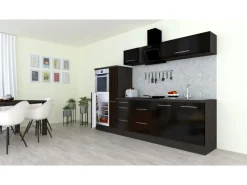 Respekta Premium Küchenzeile 300 cm Hochbau -Eiche Grau Schwarz Hochglanz