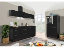 Respekta Premium Küchenzeile 300 cm Hochbau -Eiche Grau Schwarz Hochglanz