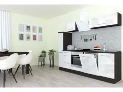 Sale Respekta Premium Küchenzeile 250 cm Weiß Hochglanz-Eiche Grau Hochglanz Weiß