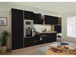 Outlet Respekta Premium Küchenzeile Grifflos 445 cm -Eiche Sägerau Schwarz Hochglanz