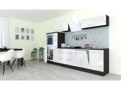 Respekta Premium Kochfelder|Kühlschränke<Küchenzeile 310 cm Hochbau Weiß Hochglanz-Eiche Grau