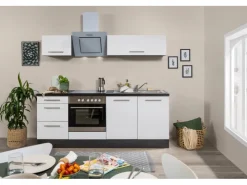 New Respekta Premium Küchenzeile 210 cm Weiß Hochglanz-Eiche Grau mit 54 l Ofen Hochglanz Weiß