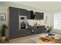 Respekta Premium Kühlschränke|Kochfelder<Küchenzeile Grifflos 345 cm -Eiche Sägerau
