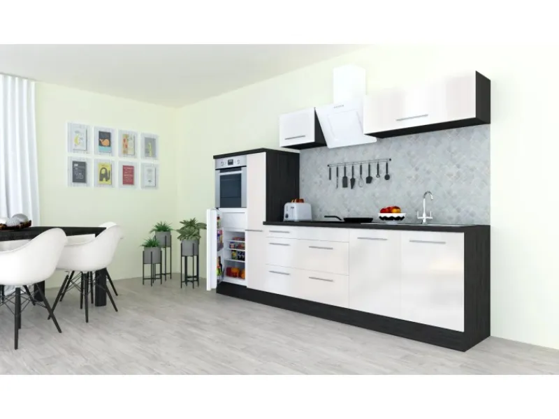 Respekta Premium Kochfelder|Kühlschränke<Küchenzeile 300 cm Hochbau Weiß Hochglanz-Eiche Grau