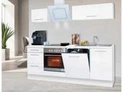 Respekta Premium Küchenzeile 220 cm Weiß Hochglanz< Kühlschränke|Einbauküchen