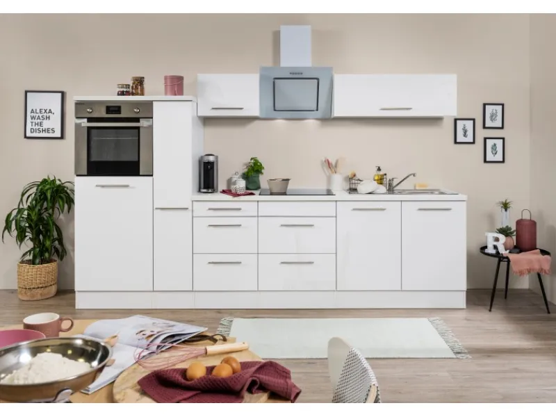 Outlet Respekta Premium Küchenzeile 300 cm Hochbau Weiß Hochglanz Hochglanz Weiß