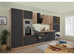 Respekta Kochfelder|Kühlschränke<Premium Küchenzeile GLRP445HESGGKEOES Grifflos 445 cm Grau Eiche NB
