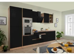 Best Respekta Premium Küchenzeile Grifflos 335 cm -Eiche Sägerau Schwarz Hochglanz