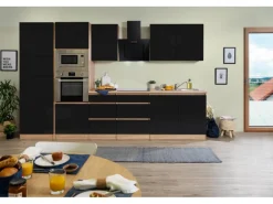 Best Respekta Premium Küchenzeile Grifflos 335 cm -Eiche Sägerau Schwarz Hochglanz