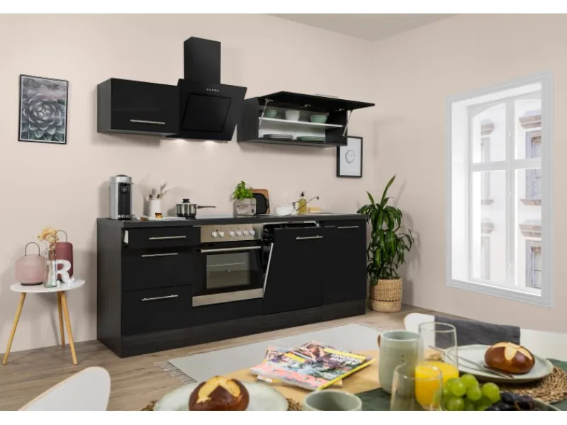 Sale Respekta Premium Küchenzeile 220 cm -Eiche Grau Schwarz Hochglanz