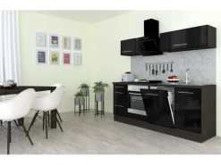 Sale Respekta Premium Küchenzeile 220 cm -Eiche Grau Schwarz Hochglanz