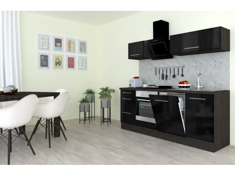 Sale Respekta Premium Küchenzeile 220 cm -Eiche Grau Schwarz Hochglanz