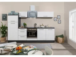 Respekta Premium Küchenzeile 270 cm Weiß Hochglanz-Eiche Grau< Kühlschränke