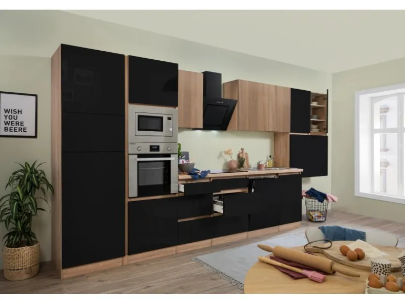 Clearance Respekta Premium Küchenzeile GLRP445HESSGKEOES Grifflos 445 cm Schwarz Eiche NB