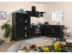 New Respekta Premium Winkelküche RP290ESC 290 x 200 cm Schwarz Hochglanz-Eiche Grau