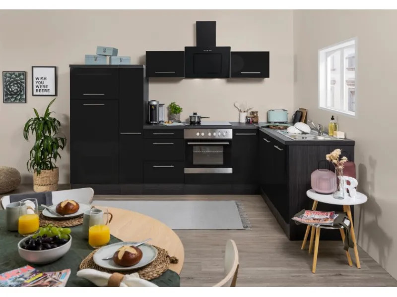 New Respekta Premium Winkelküche RP290ESC 290 x 200 cm Schwarz Hochglanz-Eiche Grau
