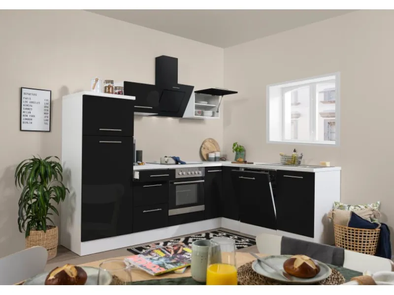 Sale Respekta Premium Winkelküche 260 x 200 cm -Weiß Schwarz Hochglanz