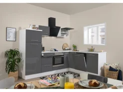 Clearance Respekta Premium Winkelküche 260 x 200 cm -Weiß Grau Hochglanz
