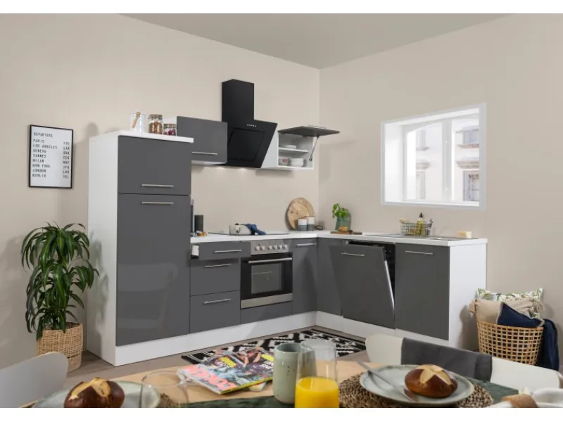 Clearance Respekta Premium Winkelküche 260 x 200 cm -Weiß Grau Hochglanz