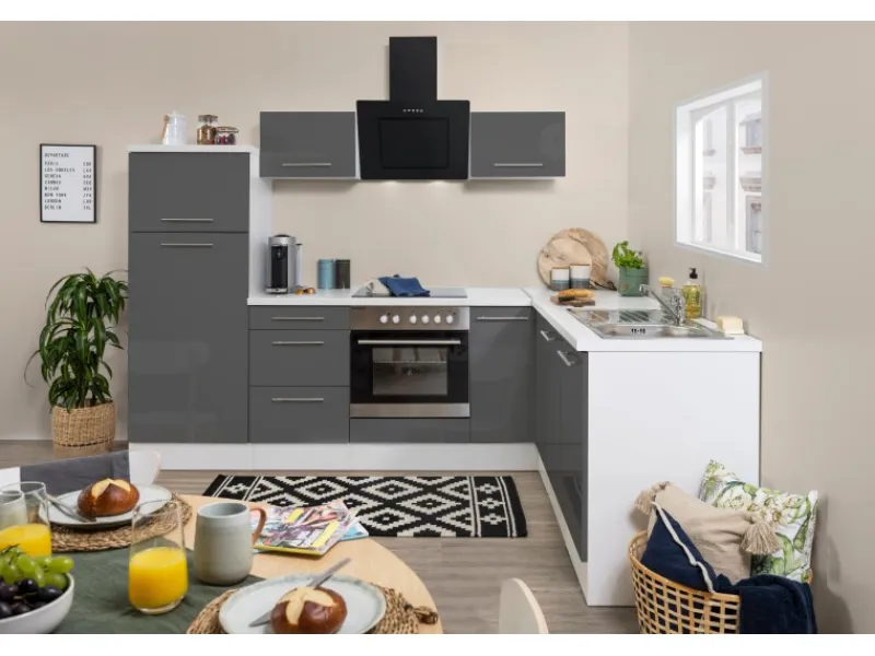 Clearance Respekta Premium Winkelküche 260 x 200 cm -Weiß Grau Hochglanz