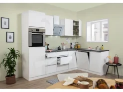 Respekta Premium Winkelküche Grifflos 280 cm Weiß Hochglanz< Winkelküchen|Einbauküchen