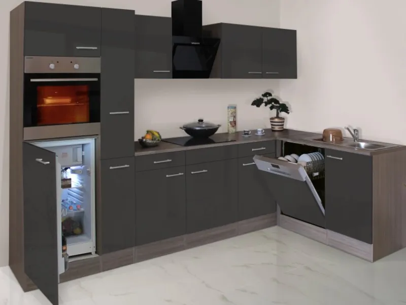Respekta Winkelküchen|Kühlschränke<Winkelküche 310 cm Grau Seidenglanz-Eiche York Nachbildung