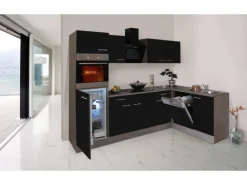 Best Respekta Winkelküche 280 cm Schwarz Seidenglanz-Eiche York Nachbildung