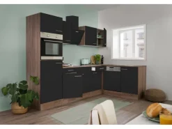 Best Respekta Winkelküche 280 cm Schwarz Seidenglanz-Eiche York Nachbildung