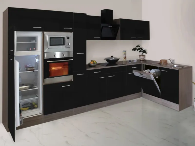 Discount Respekta Winkelküche 370 cm Schwarz Seidenglanz-Eiche York Nachbildung