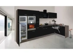 Discount Respekta Winkelküche 370 cm Schwarz Seidenglanz-Eiche York Nachbildung