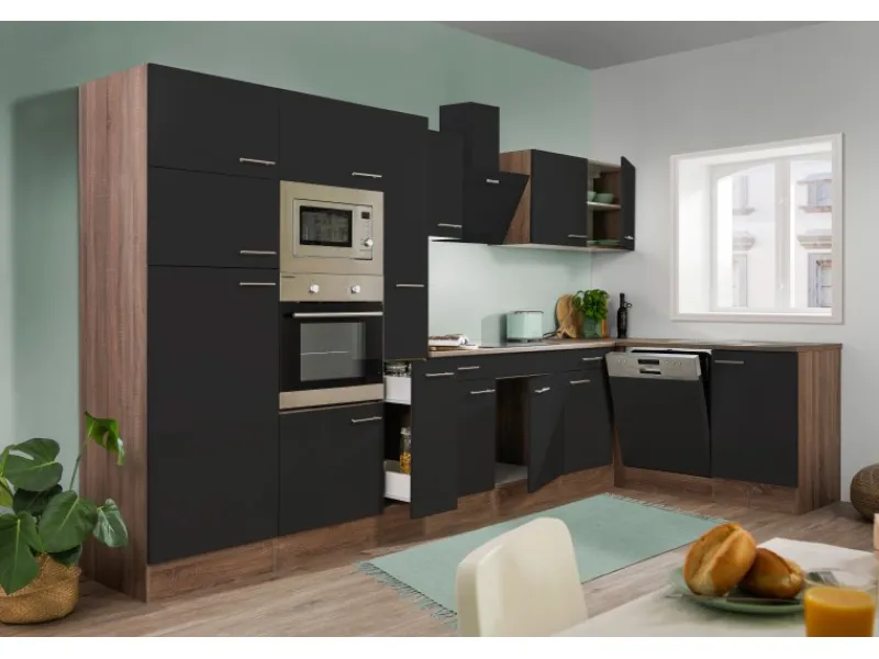 Discount Respekta Winkelküche 370 cm Schwarz Seidenglanz-Eiche York Nachbildung