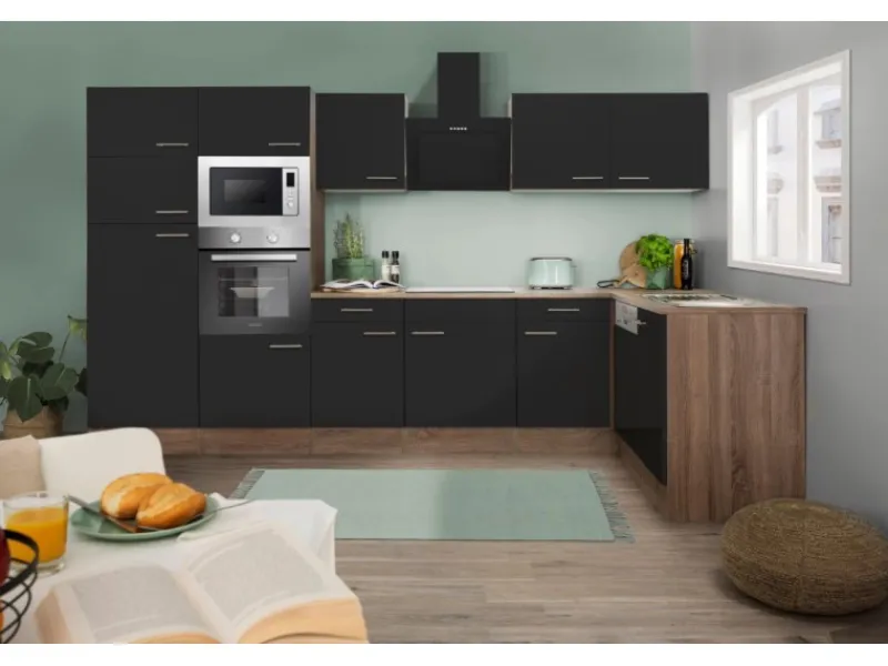 Respekta Winkelküche 340 cm Schwarz-Seidenglanz Eiche-York