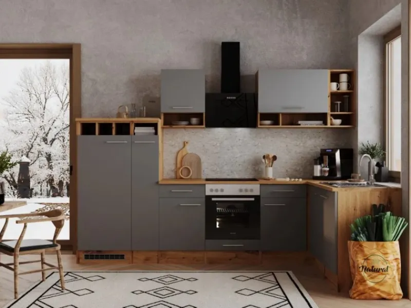 Online Respekta Winkelküche BEKBL310EGC 310 x 172 cm Grau-Wildeiche Nachbildung