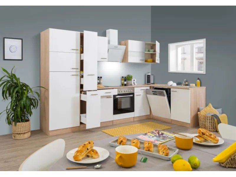 New Respekta Winkelküche KBL310ESWSC 310 cm Sonoma Eiche Sägerau Nachbildung Weiß