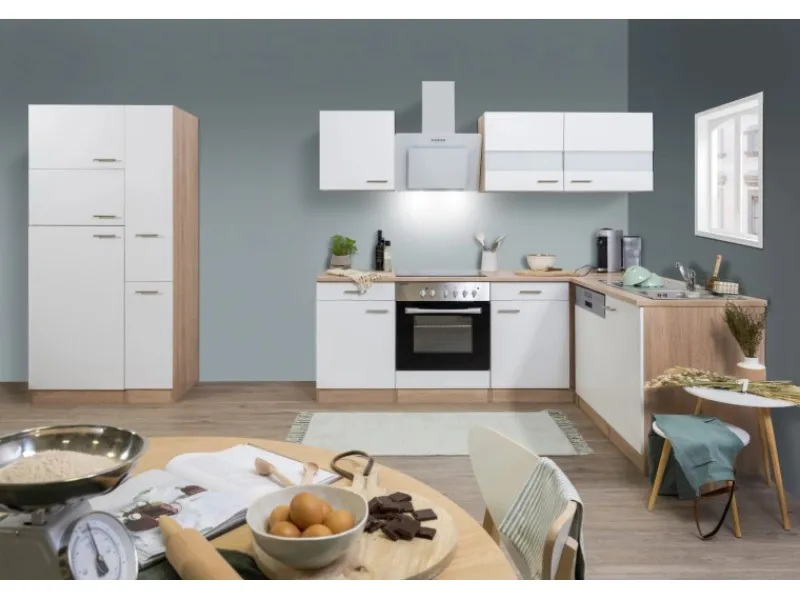 New Respekta Winkelküche KBL310ESWSC 310 cm Sonoma Eiche Sägerau Nachbildung Weiß